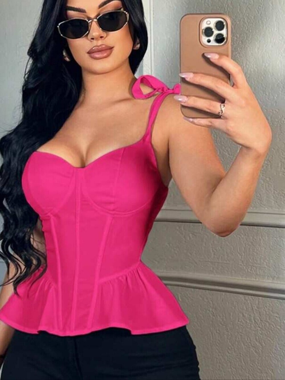 Women’s Tie-Shoulder Peplum Top in Hot Pink